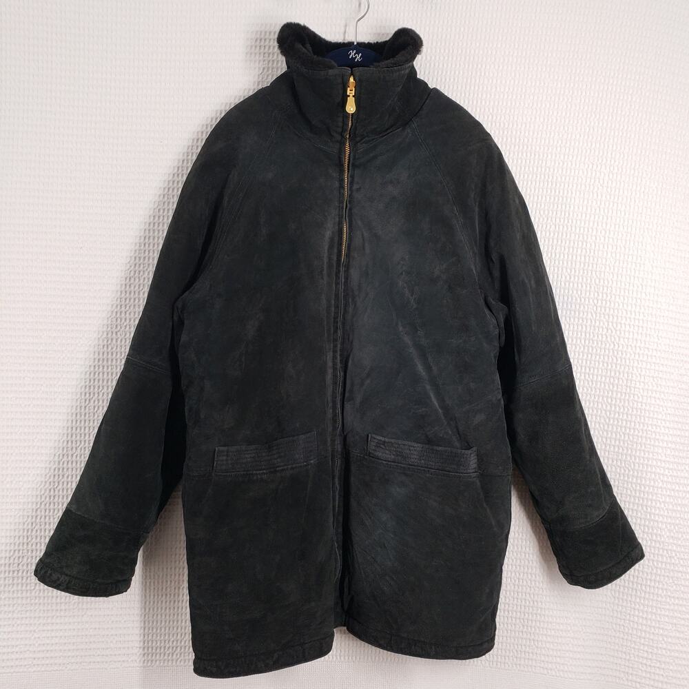 Vintage 90s Suede Faux Fur Jacket Womens Medium Black Reversible Leather Winter - Picture 3 of 16